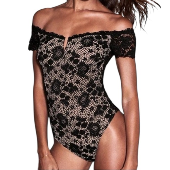 Victoria's Secret Tops - Victoria’s Secret Women’s Black Lace Off Shoulder Bodysuit Sz S